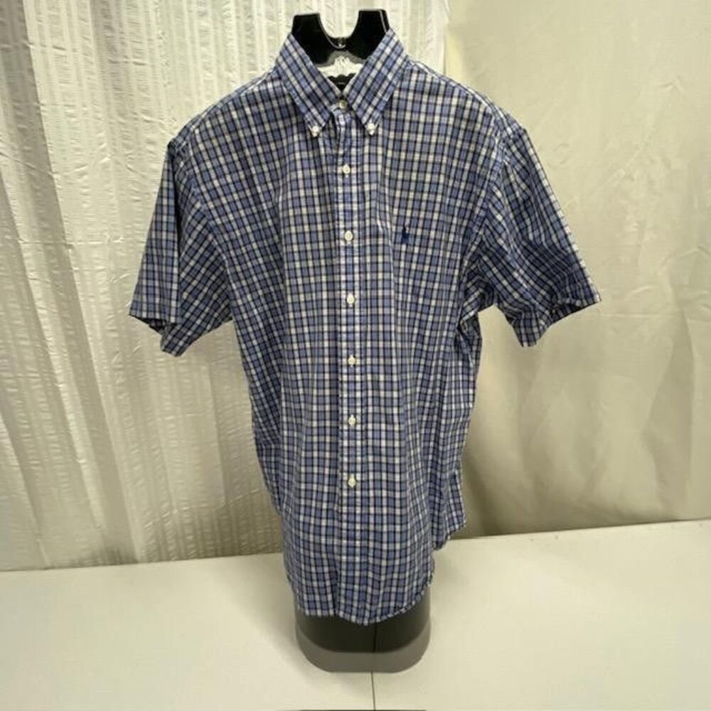 Ralph Lauren Custom Fit Shirt Mens XL Blue Plaid Short Sleeve Cotton Button Down